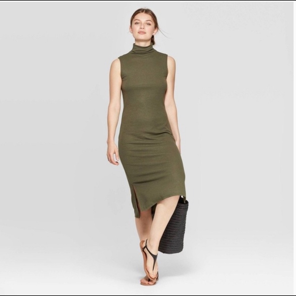 Target A New Day Rib Knit Mock Turtleneck Midi Dress Olive M